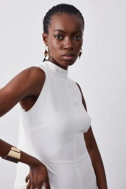 Karen Millen Compact Stretch Viscose High Neck Tie Detail Midi Dress -Karen Millen shop ivory compact stretch viscose high neck tie detail midi dress 5