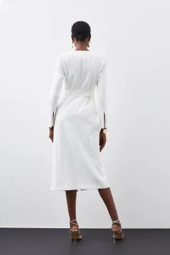 Karen Millen Compact Stretch Wrap Detail Beltedmidi Dress -Karen Millen shop ivory compact stretch wrap detail beltedmidi dress 1 1