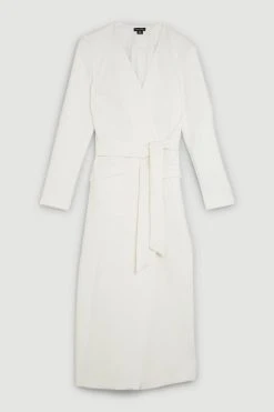 Karen Millen Compact Stretch Wrap Detail Beltedmidi Dress -Karen Millen shop ivory compact stretch wrap detail beltedmidi dress 1 4