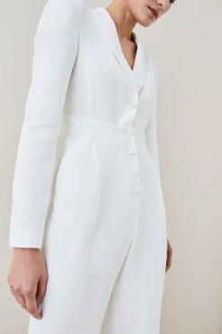Karen Millen Compact Viscose Button Up Wide Leg Jumpsuit 8 Karen Millen Compact Viscose Button Up Wide Leg Jumpsuit -Karen Millen shop ivory compact viscose button up wide leg jumpsuit 1 2