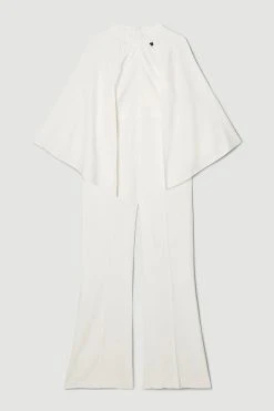 Karen Millen Compact Viscose Cape Wide Leg Jumpsuit -Karen Millen shop ivory compact viscose cape wide leg jumpsuit 1 1