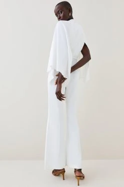 Karen Millen Compact Viscose Cape Wide Leg Jumpsuit -Karen Millen shop ivory compact viscose cape wide leg jumpsuit 1 3