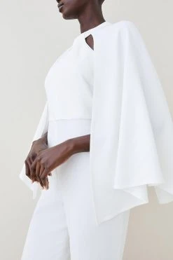 Karen Millen Compact Viscose Cape Wide Leg Jumpsuit -Karen Millen shop ivory compact viscose cape wide leg jumpsuit 1 4