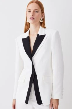 Karen Millen Compact Viscose Contrast Lapel Double Breasted Blazer -Karen Millen shop ivory compact viscose contrast lapel double breasted blazer 1