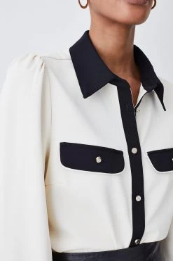 Karen Millen Contrast Twill Trimmed Shirt -Karen Millen shop ivory contrast twill trimmed shirt 1