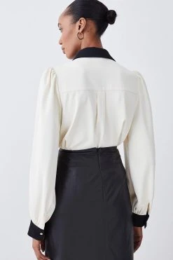 Karen Millen Contrast Twill Trimmed Shirt -Karen Millen shop ivory contrast twill trimmed shirt 2