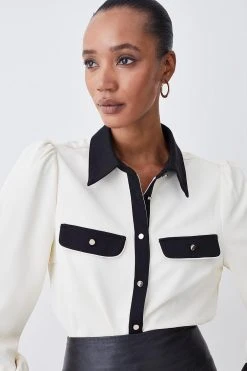 Karen Millen Contrast Twill Trimmed Shirt -Karen Millen shop ivory contrast twill trimmed shirt 3
