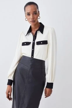 Karen Millen Contrast Twill Trimmed Shirt -Karen Millen shop ivory contrast twill trimmed shirt 4
