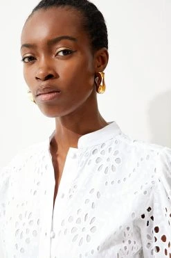 Karen Millen Cotton Broderie Belted Woven Midi Dress -Karen Millen shop ivory cotton broderie belted woven midi dress 2