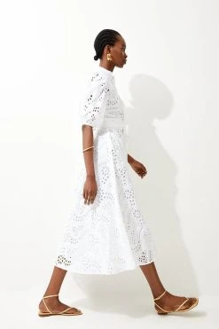 Karen Millen Cotton Broderie Belted Woven Midi Dress