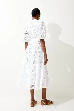 Karen Millen Cotton Broderie Belted Woven Midi Dress -Karen Millen shop ivory cotton broderie belted woven midi dress 3