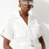 Karen Millen Cotton Sateen Short Sleeve Utility Pocket Belted Midi Dress -Karen Millen shop ivory cotton sateen short sleeve utility pocket belted midi dress
