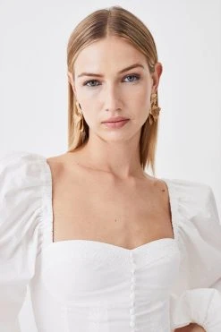 Karen Millen Cotton Top Stitch Puff Sleeve Top -Karen Millen shop ivory cotton top stitch puff sleeve top 2