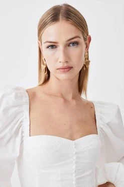 Karen Millen Cotton Top Stitch Puff Sleeve Top -Karen Millen shop ivory cotton top stitch puff sleeve top 3
