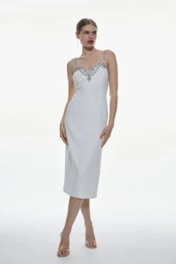 Karen Millen Crystal Embellished Strappy Woven Midi Dress