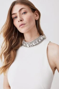 Karen Millen Crystal Embellished Woven Thigh Split Mini -Karen Millen shop ivory crystal embellished woven thigh split mini 2