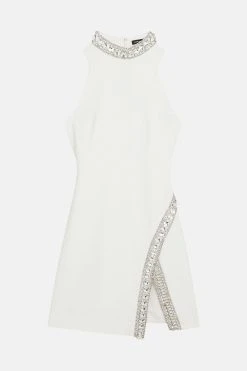 Karen Millen Crystal Embellished Woven Thigh Split Mini -Karen Millen shop ivory crystal embellished woven thigh split mini 4