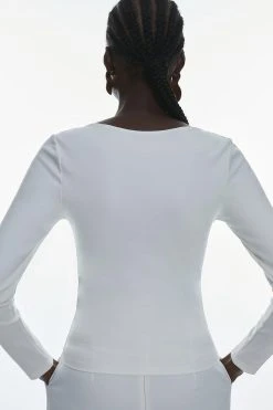 Karen Millen Cut Out Gold Trim Long Sleeve Ponte Top -Karen Millen shop ivory cut out gold trim long sleeve ponte top 1