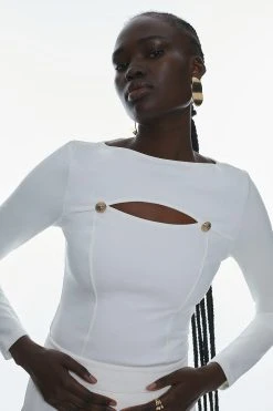Karen Millen Cut Out Gold Trim Long Sleeve Ponte Top -Karen Millen shop ivory cut out gold trim long sleeve ponte top 2