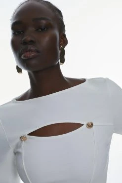 Karen Millen Cut Out Gold Trim Long Sleeve Ponte Top -Karen Millen shop ivory cut out gold trim long sleeve ponte top 4