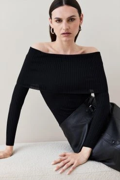 Karen Millen Deep Bardot Rib Knit Jumper -Karen Millen shop ivory deep bardot rib knit jumper 3