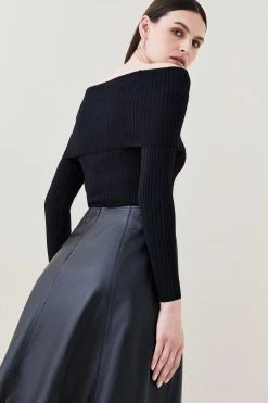 Karen Millen Deep Bardot Rib Knit Jumper -Karen Millen shop ivory deep bardot rib knit jumper 4