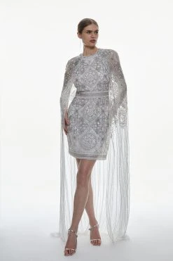 Karen Millen Embellished Cape Mini Dress -Karen Millen shop ivory embellished cape mini dress 6