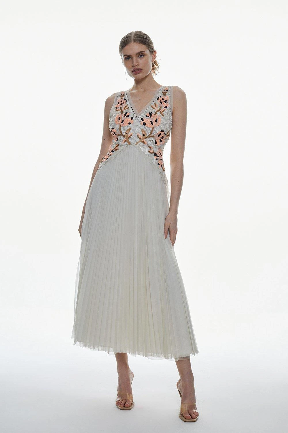 Karen Millen Floral Embellished Pleated Tulle Midi Dress 5 Karen Millen Floral Embellished Pleated Tulle Midi Dress - Image 3