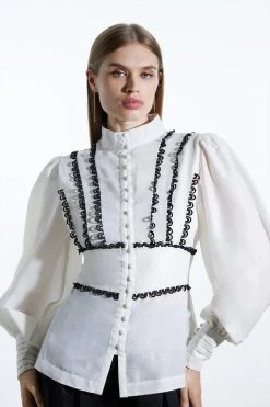 Karen Millen Graphic Lace Trim Woven Blouse -Karen Millen shop ivory graphic lace trim woven blouse 3