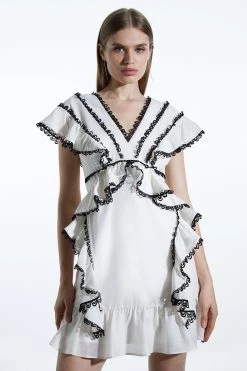 Karen Millen Graphic Lace Trim Woven Mini Dress -Karen Millen shop ivory graphic lace trim woven mini dress 1