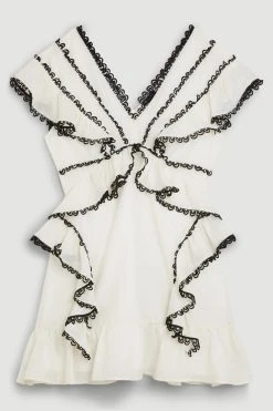 Karen Millen Graphic Lace Trim Woven Mini Dress -Karen Millen shop ivory graphic lace trim woven mini dress 2