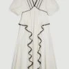 Karen Millen Graphic Lace Trim Woven Plunge Maxi Dress -Karen Millen shop ivory graphic lace trim woven plunge maxi dress