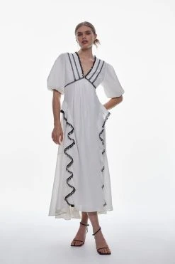 Karen Millen Graphic Lace Trim Woven Plunge Maxi Dress -Karen Millen shop ivory graphic lace trim woven plunge maxi dress 3