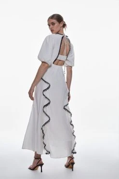 Karen Millen Graphic Lace Trim Woven Plunge Maxi Dress -Karen Millen shop ivory graphic lace trim woven plunge maxi dress 4