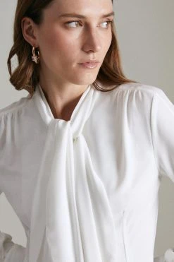 Karen Millen shop -Karen Millen shop ivory high neck pussy bow detail jersey top 1