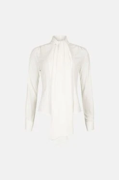 Karen Millen High Neck Pussy Bow Detail Jersey Top -Karen Millen shop ivory high neck pussy bow detail jersey top 2