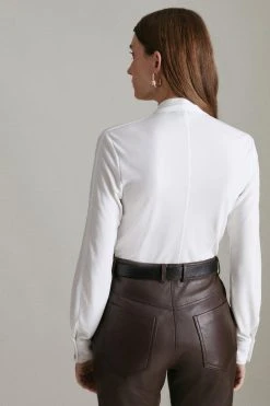 Karen Millen High Neck Pussy Bow Detail Jersey Top -Karen Millen shop ivory high neck pussy bow detail jersey top 3