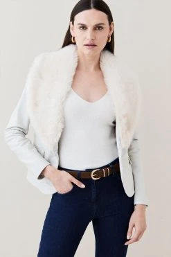 Karen Millen Leather And Shearling Collar Blazer