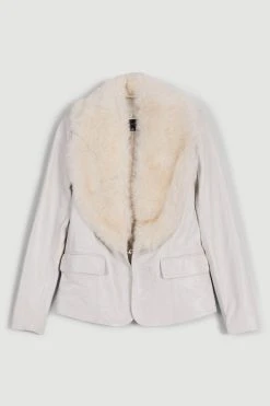 Karen Millen Leather And Shearling Collar Blazer -Karen Millen shop ivory leather and shearling collar blazer 4
