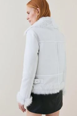 Karen Millen Leather & Shearling Aviator Coat