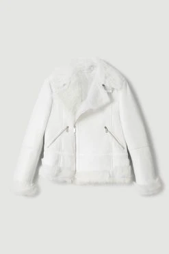 Karen Millen Leather & Shearling Aviator Coat -Karen Millen shop ivory leather shearling aviator coat 1 4