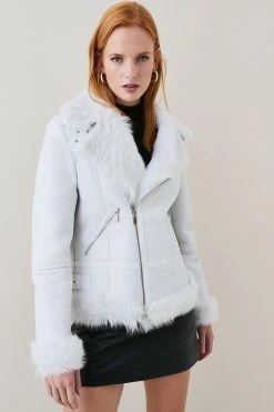 Karen Millen Leather & Shearling Aviator Coat -Karen Millen shop ivory leather shearling aviator coat 1 5