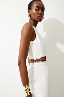 Karen Millen Linen Buckle Detail Split Front Midi Dress -Karen Millen shop ivory linen buckle detail split front midi dress 2