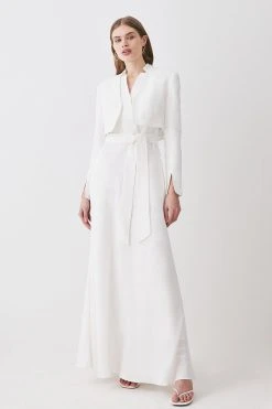 Karen Millen Linen Edge To Edge Cropped Jacket -Karen Millen shop ivory linen edge to edge cropped jacket 1