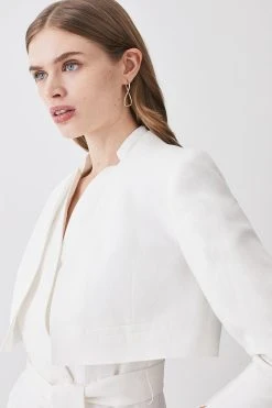 Karen Millen Linen Edge To Edge Cropped Jacket -Karen Millen shop ivory linen edge to edge cropped jacket 4