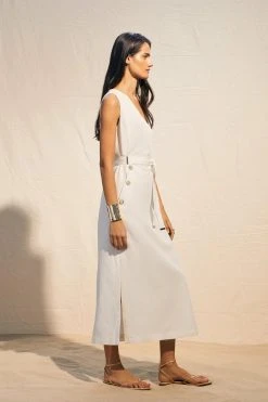 Karen Millen Linen Nautical Button Detail Belted Midi Dress -Karen Millen shop ivory linen nautical button detail belted midi dress 3