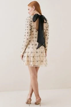 Karen Millen Lydia Millen Embellished Tie Neck Detail Woven Mini Dress -Karen Millen shop ivory lydia millen embellished tie neck detail woven mini dress 1