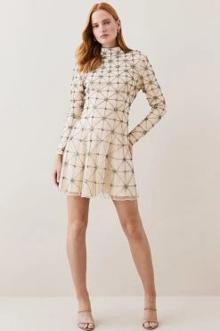 Karen Millen Lydia Millen Embellished Tie Neck Detail Woven Mini Dress -Karen Millen shop ivory lydia millen embellished tie neck detail woven mini dress 2