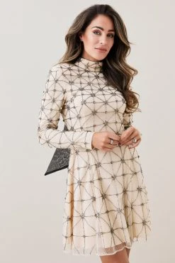 Karen Millen Lydia Millen Embellished Tie Neck Detail Woven Mini Dress -Karen Millen shop ivory lydia millen embellished tie neck detail woven mini dress 4