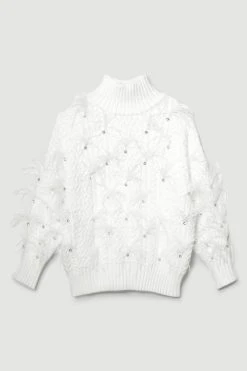 Karen Millen Lydia Millen Feather Embellished Chunky Cable Knit Jumper 8 Karen Millen Lydia Millen Feather Embellished Chunky Cable Knit Jumper -Karen Millen shop ivory lydia millen feather embellished chunky cable knit jumper 1 1